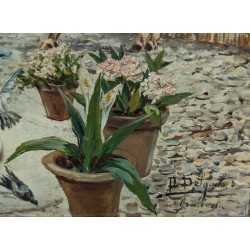 Tableau \"Cour intérieure\" signé D. DELGATO