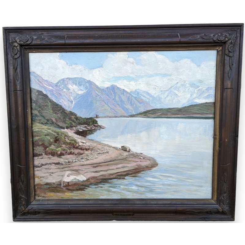 Tableau \"Lac de Betmer\" signé H.-E. HUGUENIN