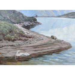 Tableau \"Lac de Betmer\" signé H.-E. HUGUENIN