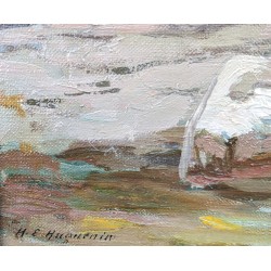 Tableau \"Lac de Betmer\" signé H.-E. HUGUENIN