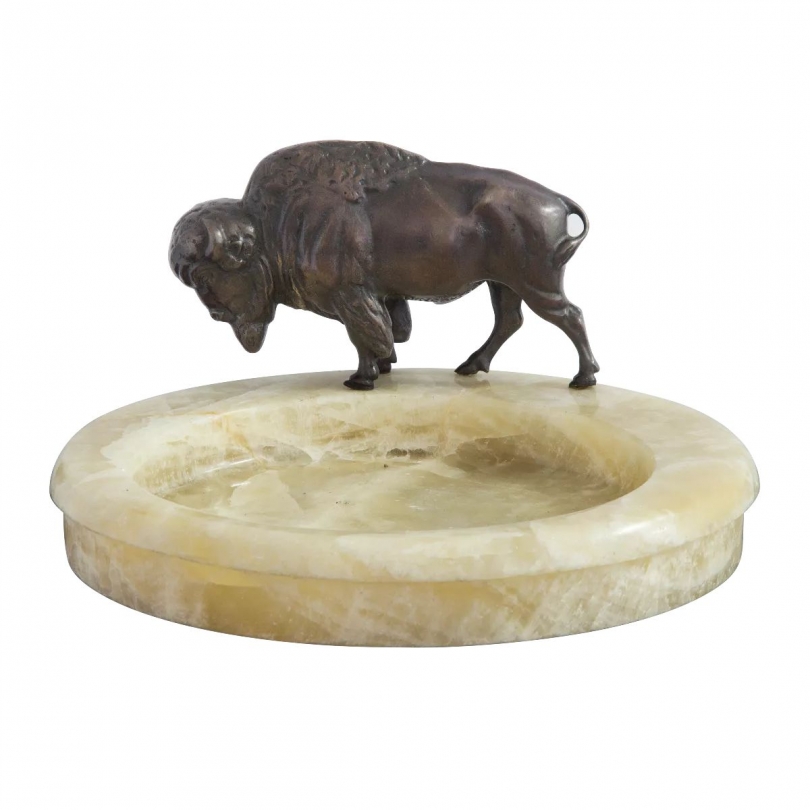 Vide-poche en onyx avec Bison en bronze