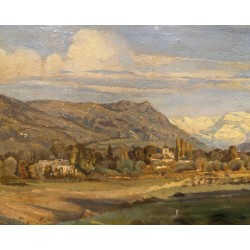 Tableau \"Plaine du Rhône\" signé S. DELAPEINE