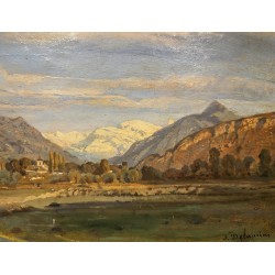Tableau \"Plaine du Rhône\" signé S. DELAPEINE