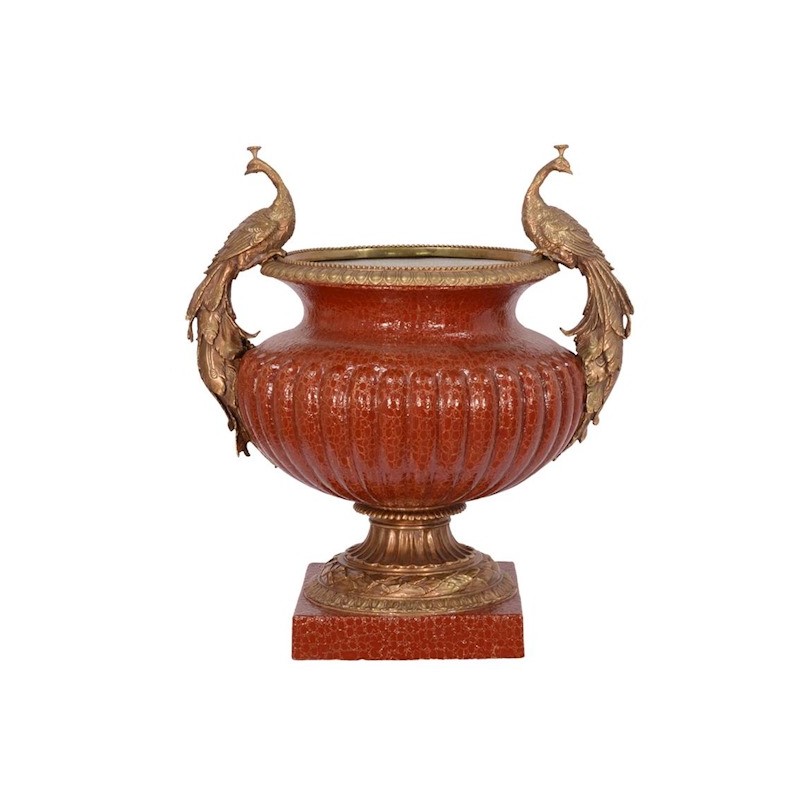Vasque en porcelaine rouge et Paons en bronze