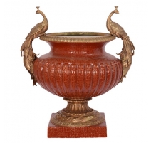 Vasque en porcelaine rouge et Paons en bronze