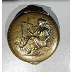 Round embossed brass box, ‘Painter’