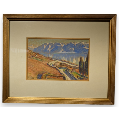 Pastel "Vue du Lac Léman" signé Paul HUGUENIN