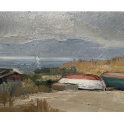 Tableau \"Bateaux sur la grève\" signé CASTRES
