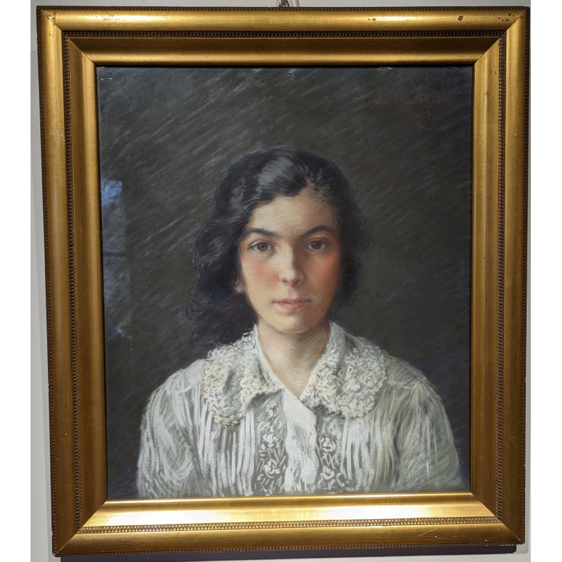 Pastel portrait "Jeune femme" signé F. DE CASTELLO