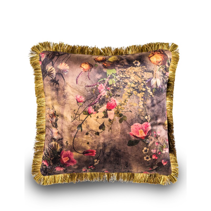 Boho floral velvet cushion with gold fringe