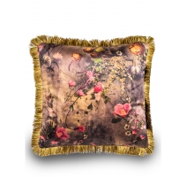 Coussin velours Boho floral frange dorée