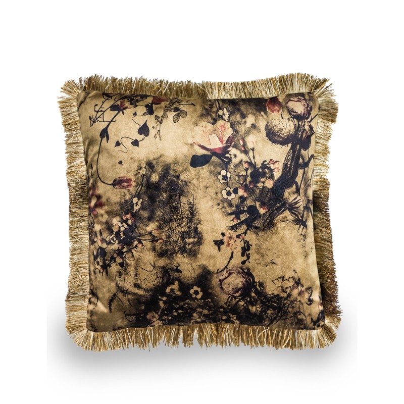 Champagne-coloured floral boho velvet cushion with fringe
