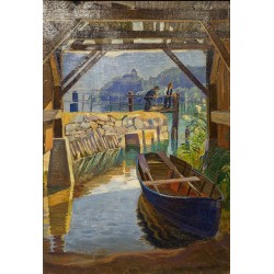 Tableau \"Zugersee\" signé E. LEONHARDT