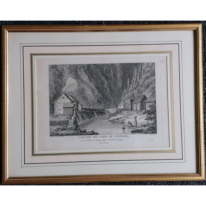 Gravure "CASCADE DES BAINS DE PFEFFERS" par BARBER