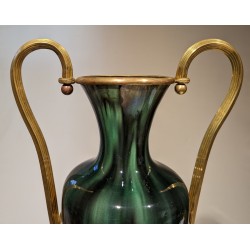 Iridescent porcelain vase with brass fittings