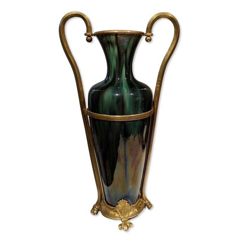 Iridescent porcelain vase with brass fittings