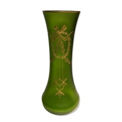 Green glass vase with gold trim