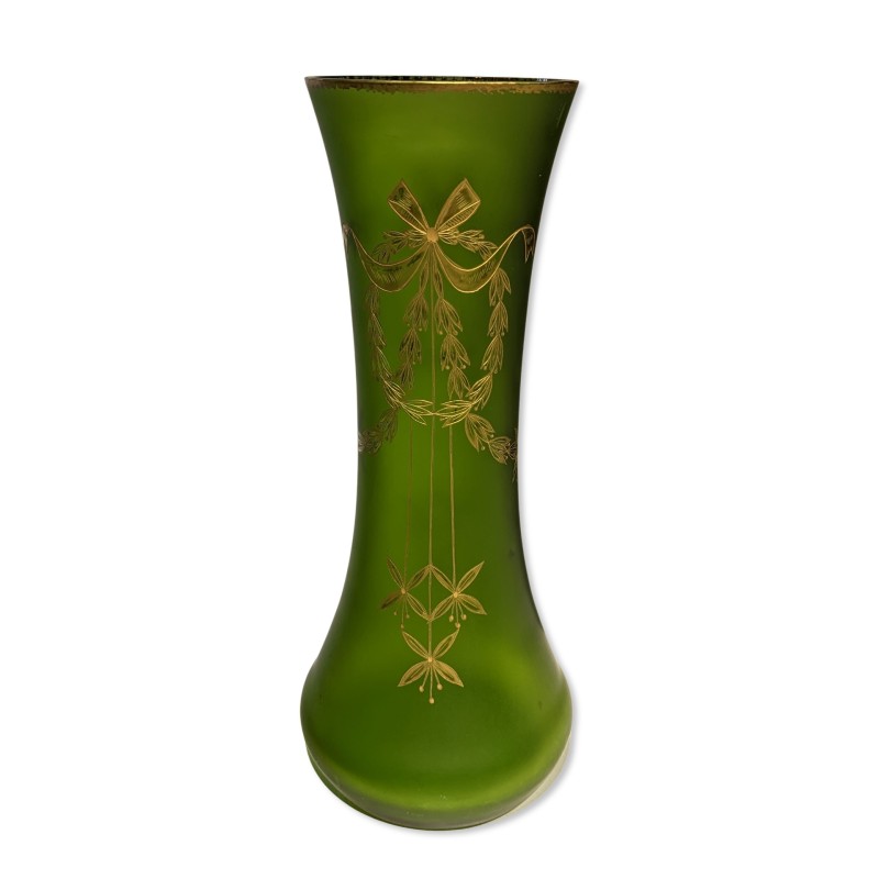 Green glass vase with gold trim