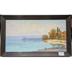 Tableau \"Lac à St-Prex\" signé M. LOUP DE R.