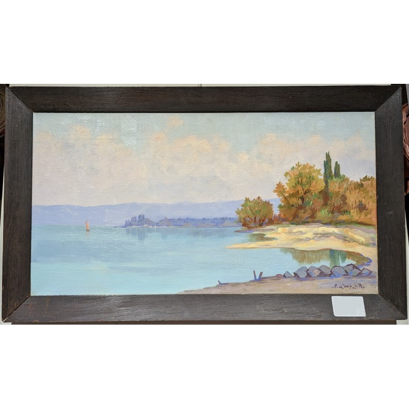 Tableau \"Lac à St-Prex\" signé M. LOUP DE R.