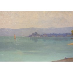 Tableau \"Lac à St-Prex\" signé M. LOUP DE R.