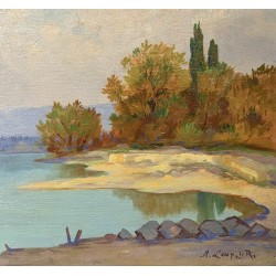 Tableau \"Lac à St-Prex\" signé M. LOUP DE R.
