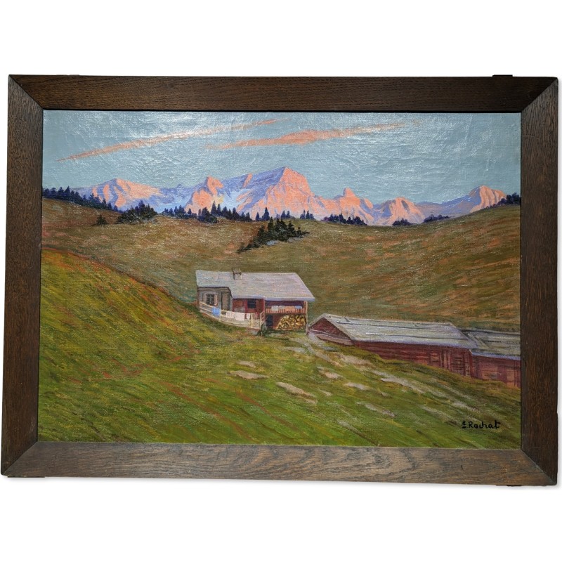 Tableau \"Chalets\" signé S. ROCHAT