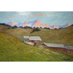 Tableau \"Chalets\" signé S. ROCHAT