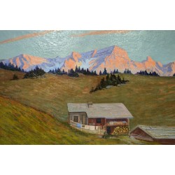Tableau \"Chalets\" signé S. ROCHAT