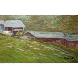 Tableau \"Chalets\" signé S. ROCHAT
