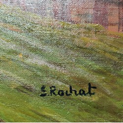 Tableau \"Chalets\" signé S. ROCHAT