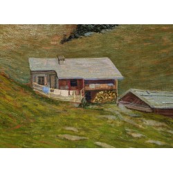 Tableau \"Chalets\" signé S. ROCHAT