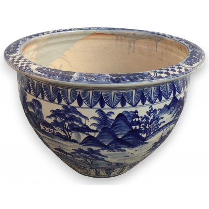 Grand cache pot en céramique bleu-blanc