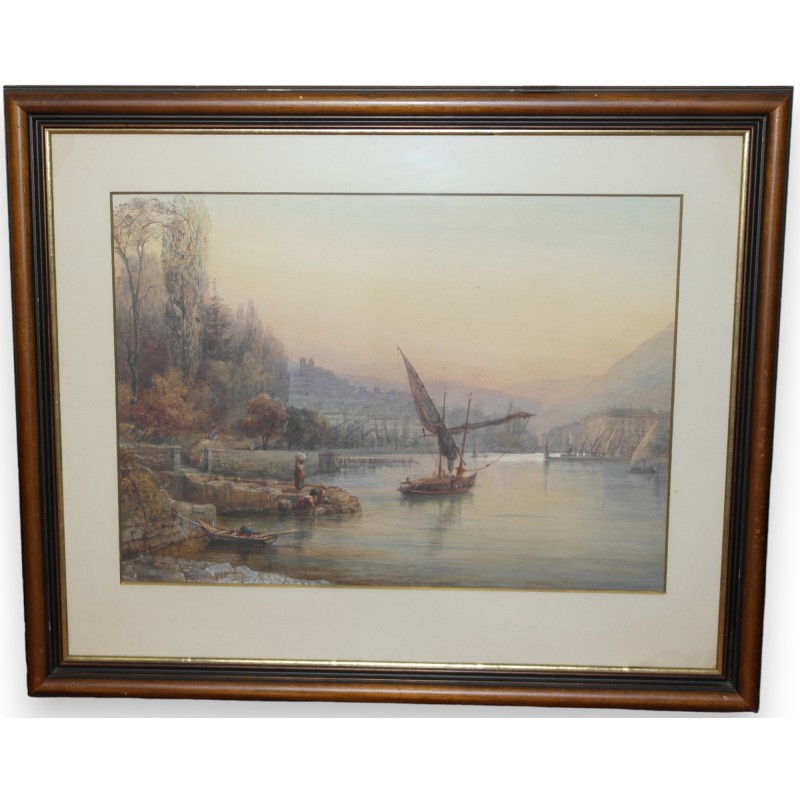 Watercolour ‘View of the Geneva Harbour’.  at Moinat SA  – Antiques and decorative arts –  Gouaches, watercolours, pastels
