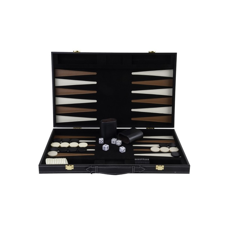 Black backgammon set with a brown and beige interior