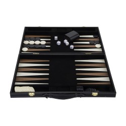 Black backgammon set with a brown and beige interior