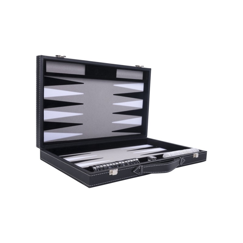Black backgammon set with a black and white interior