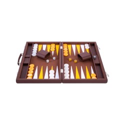 Brown backgammon set with a yellow and white interior