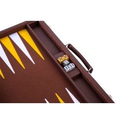 Brown backgammon set with a yellow and white interior