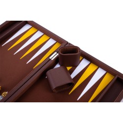 Brown backgammon set with a yellow and white interior