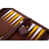 Brown backgammon set with a yellow and white interior