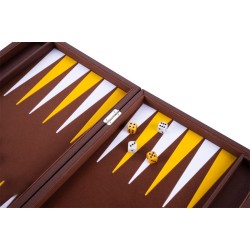 Brown backgammon set with a yellow and white interior