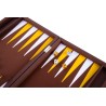 Brown backgammon set with a yellow and white interior