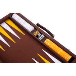 Brown backgammon set with a yellow and white interior