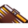 Brown backgammon set with a yellow and white interior