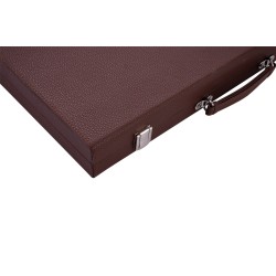 Brown backgammon set with a yellow and white interior