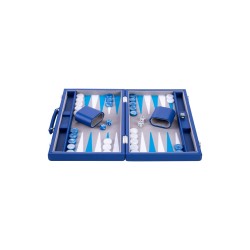 Blue backgammon set with a blue and white interior