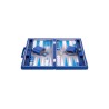 Blue backgammon set with a blue and white interior