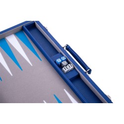 Blue backgammon set with a blue and white interior
