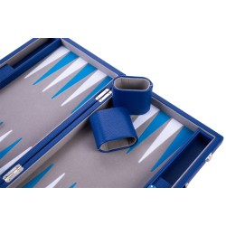 Blue backgammon set with a blue and white interior